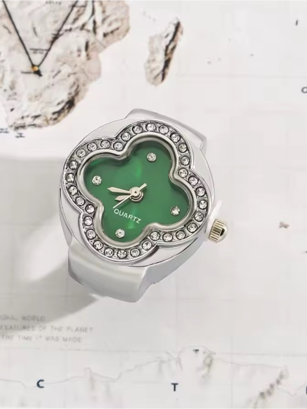 Silver Ring Watch with Green Clover Dial and Crystal Accents